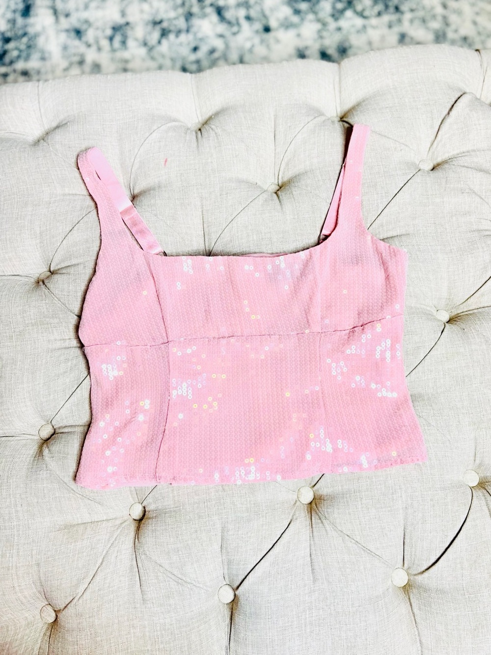 White Fox Boutique Pink Sequin Square-Neck Crop Top